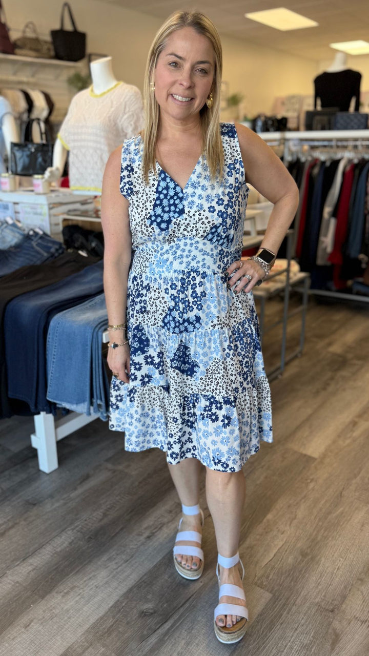 Blue Floral Sleeveless V Neck Dress