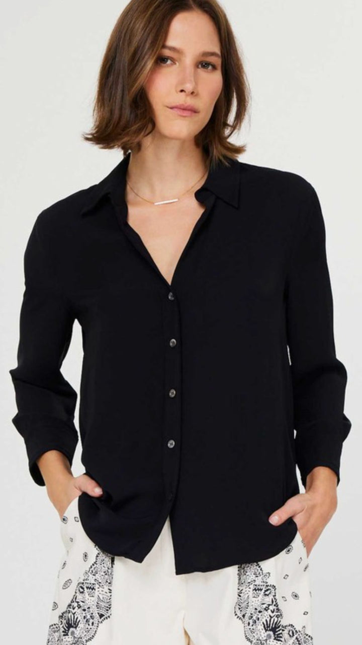 Black Quarter Sleeve Button Down Shirt