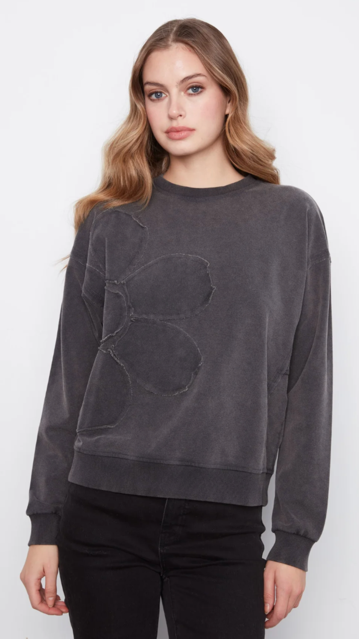 Charcoal Flower Appliqué Long Sleeve Top