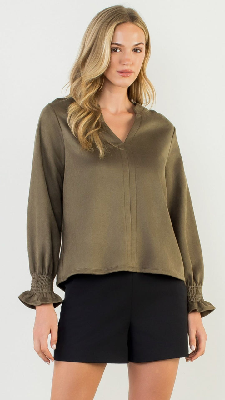 Olive Long Sleeve Suede V Neck Top