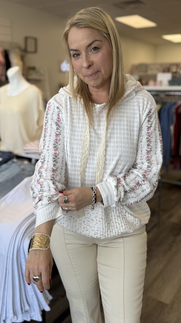 Ivory Multi Kangaroo Pocket Mixed Knit Contrast Sleeve Hooded Pullover