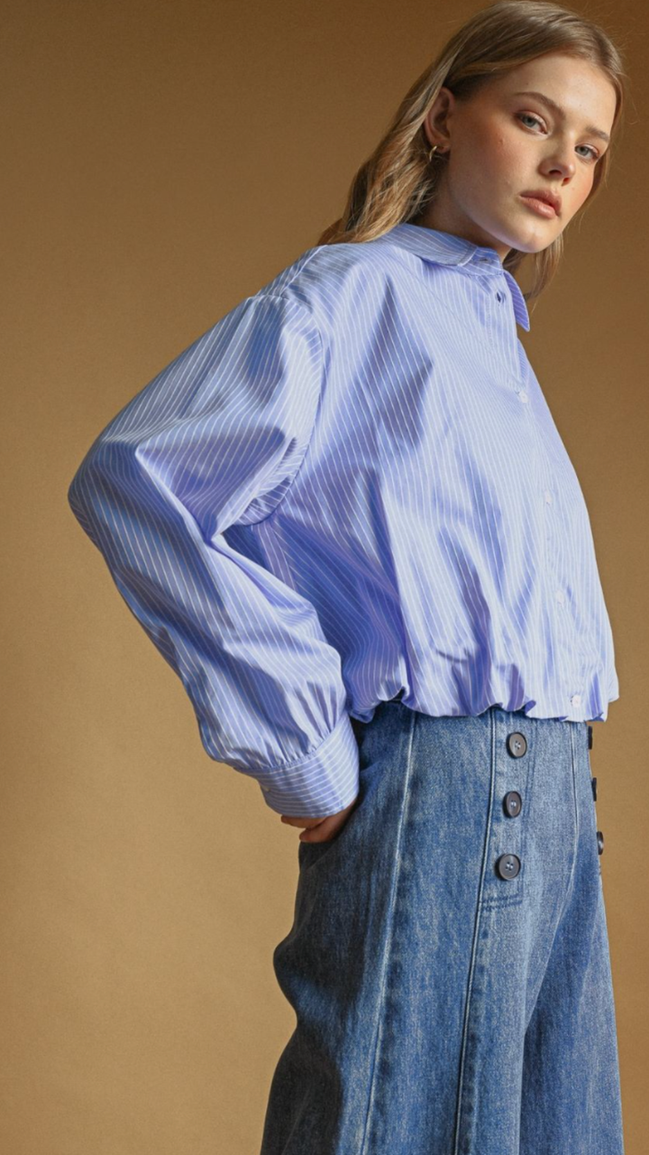 Striped Pattern Balloon Hem Buttondown Top