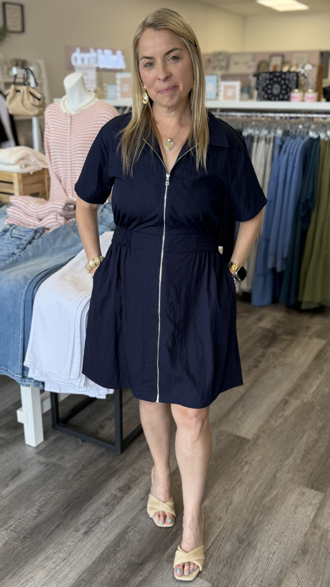 Navy Short Sleeve Zip Up Dress