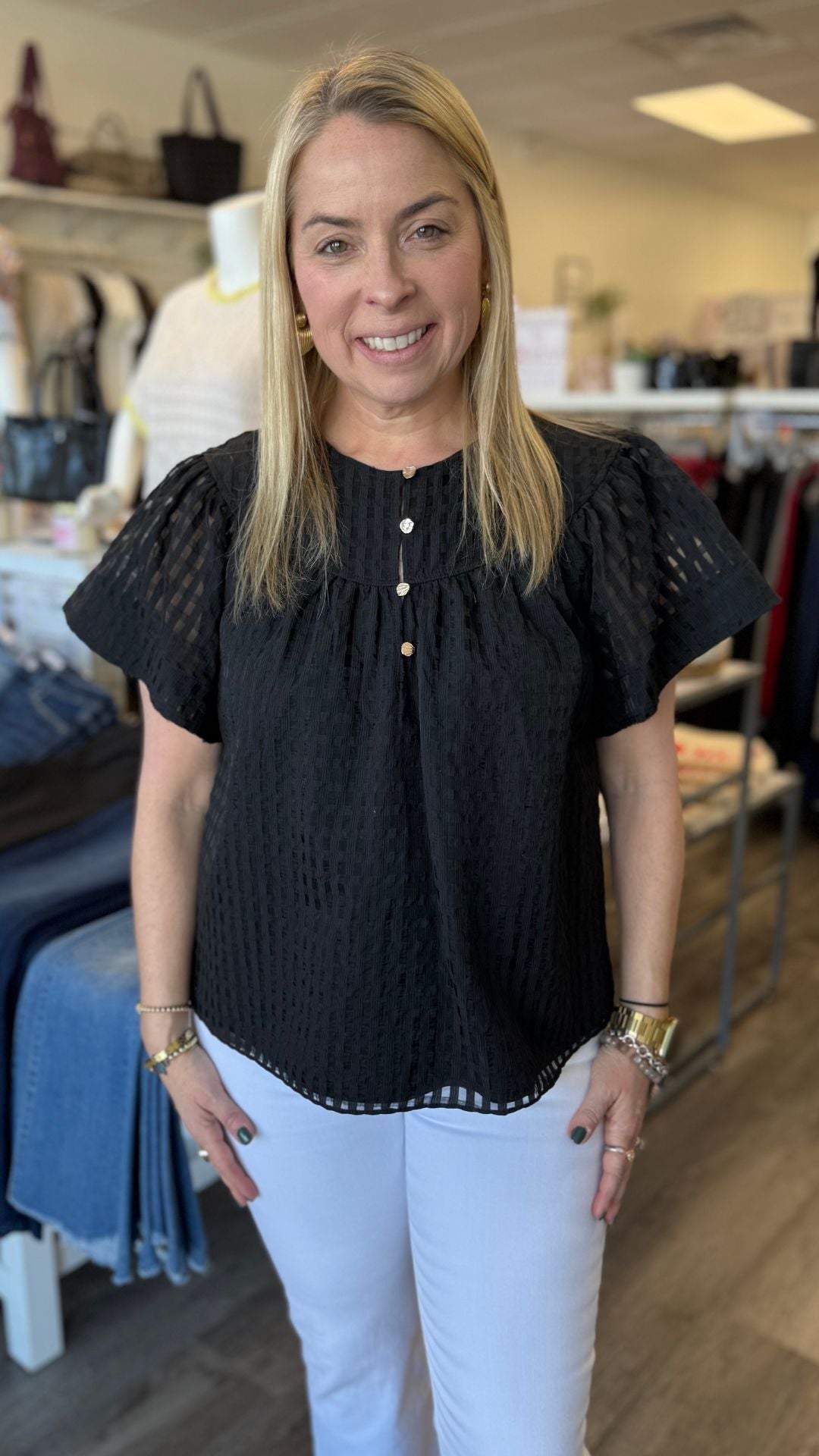 Black Flutter Short Sleeve Blouse