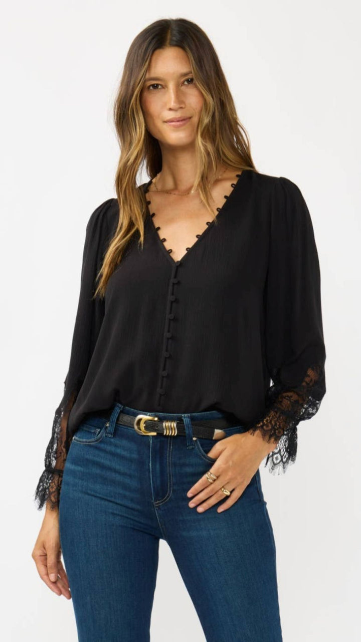 Lace Cuff V Neck Button Blouse