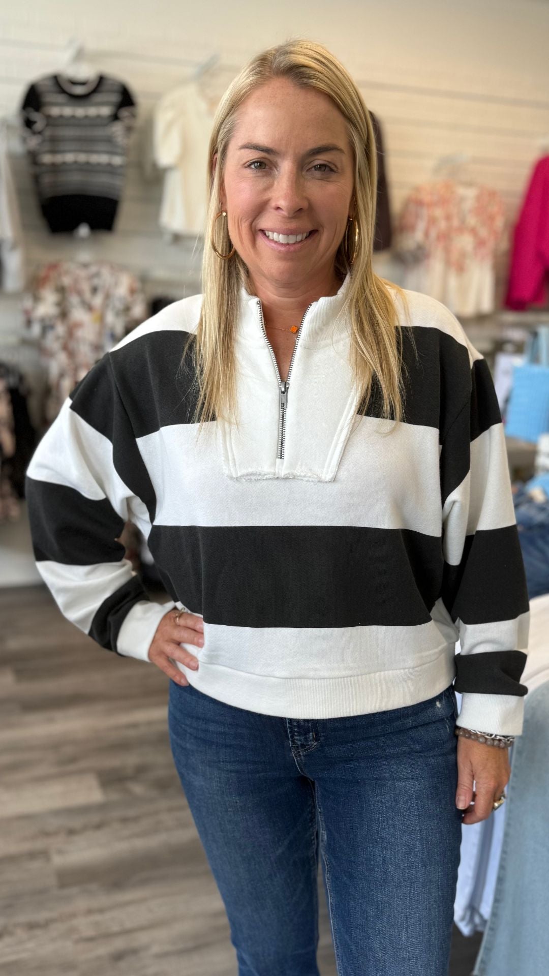 Striped French Terry Half Zip Sweatshirt
