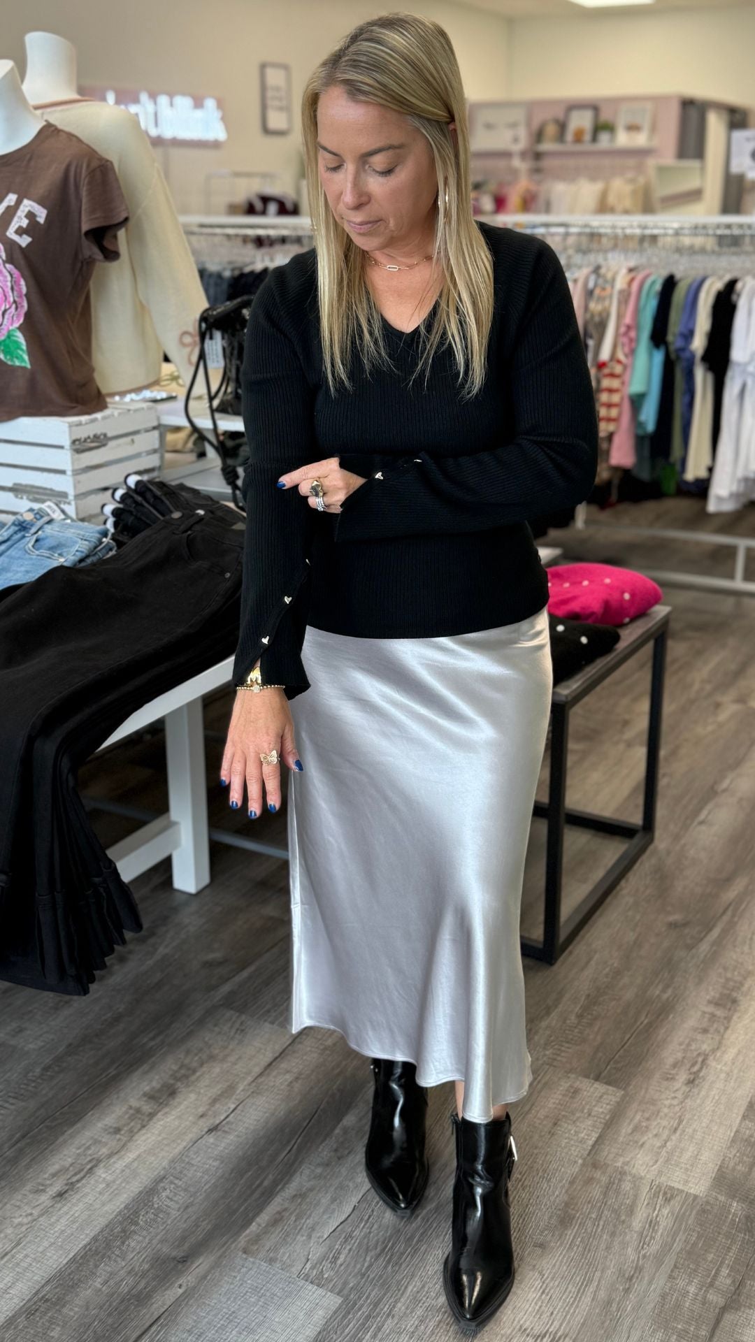 Black Ribbed V Neck Sweater With Heart Rivets