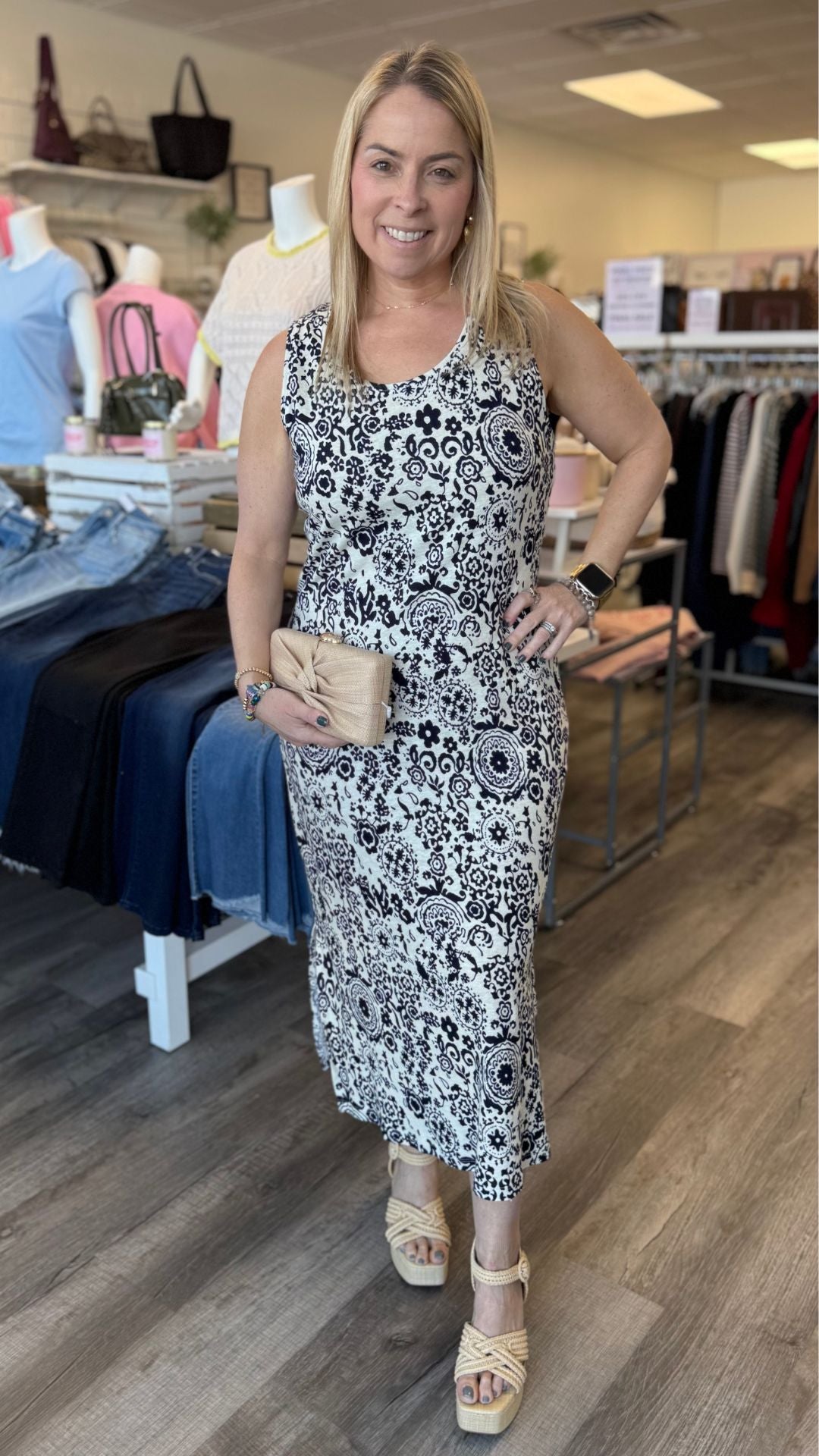 Navy And Cream Printed Sleeveless Scoop Neck Midi Dress