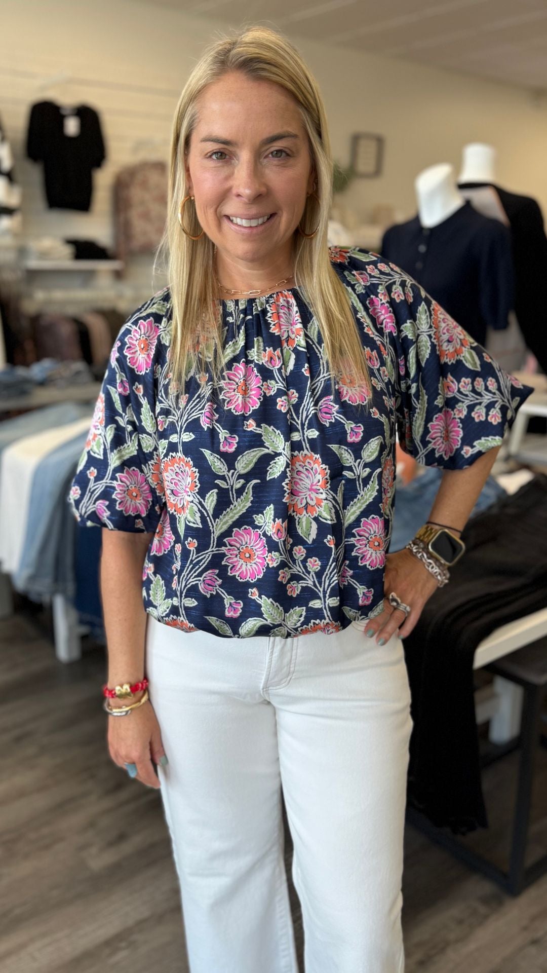 Floral Boatneck Balloon Sleeve Blouse