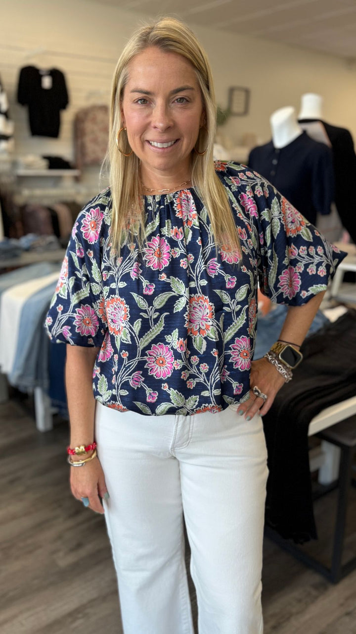 Floral Boatneck Balloon Sleeve Blouse