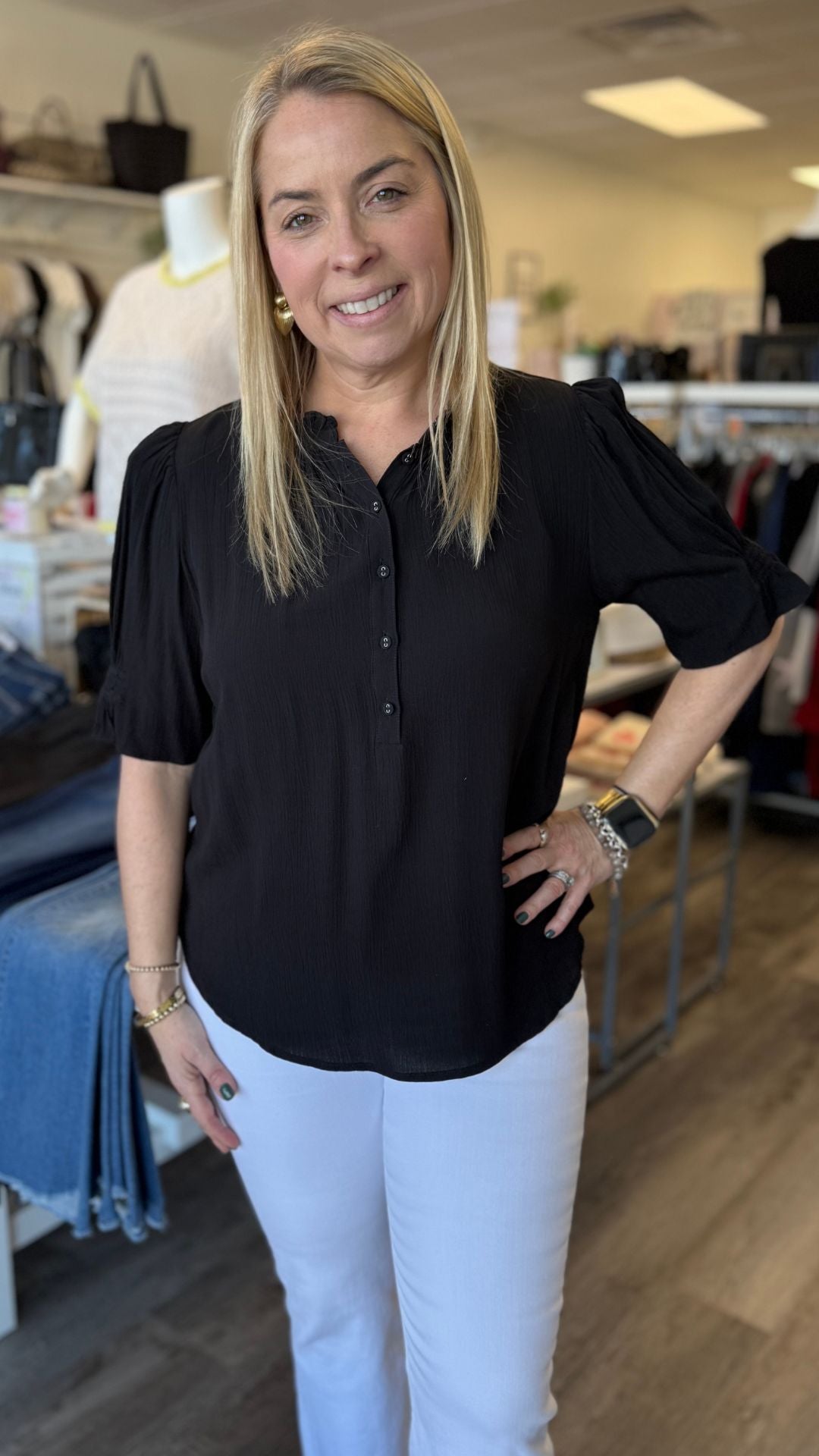 Short Puff Sleeve Crinkled Button Top