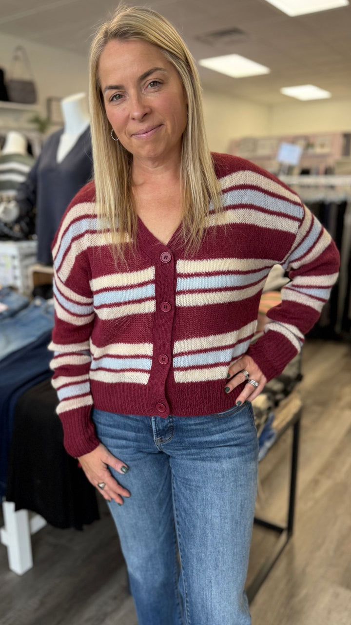 Burgundy Multi Stripe Crop Cardigan Sweater
