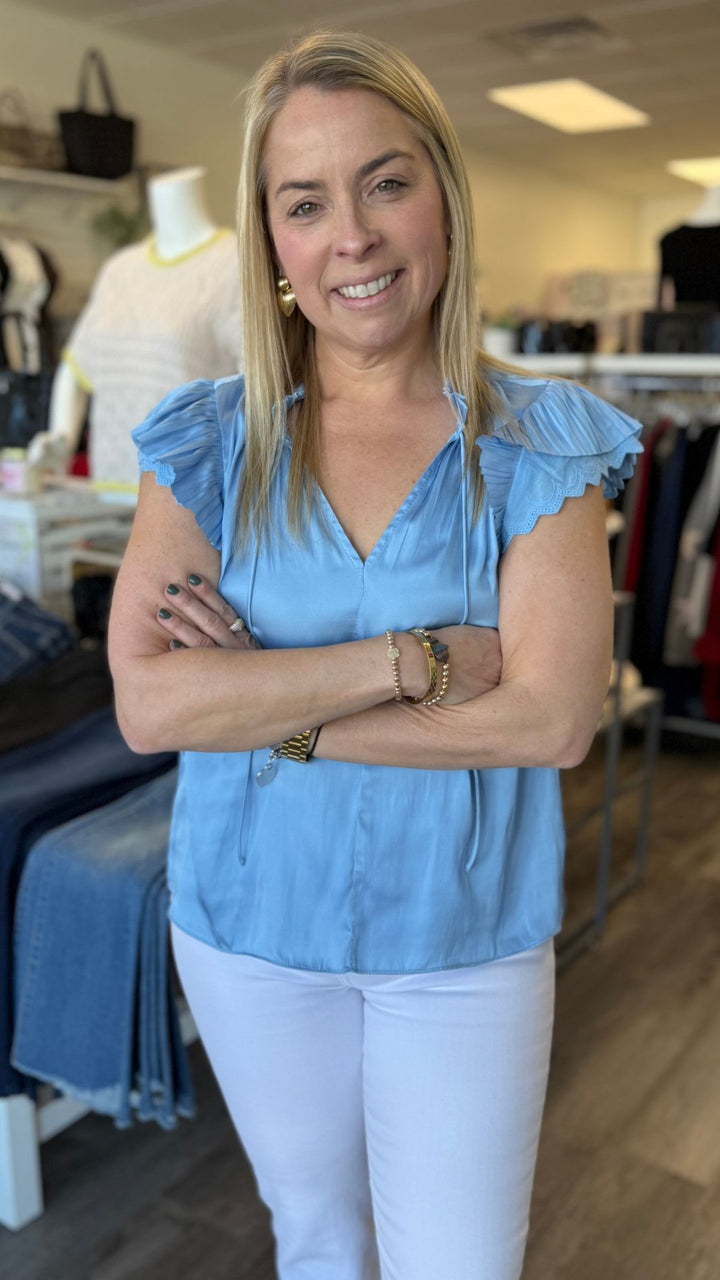 Blue Double Flutter Eyelet Edge Blouse