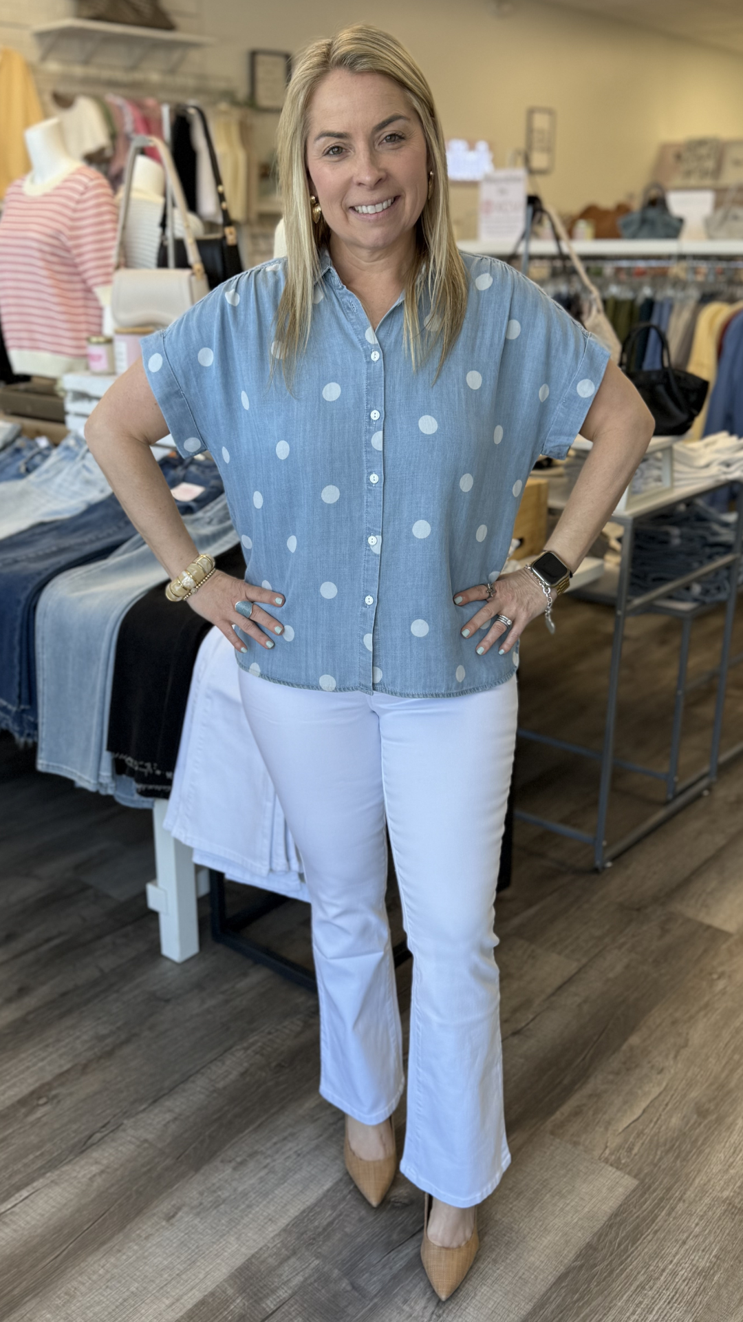 Polka Dot Shirred Shoulder Top