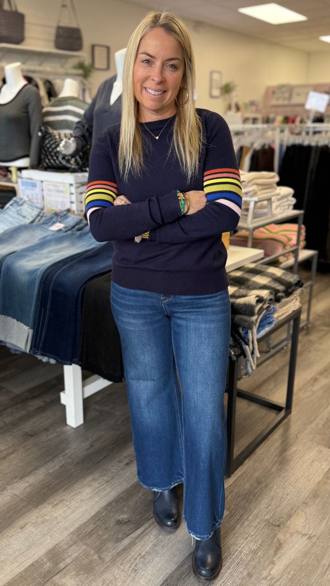 Navy Stripe Sleeve Knit Sweater