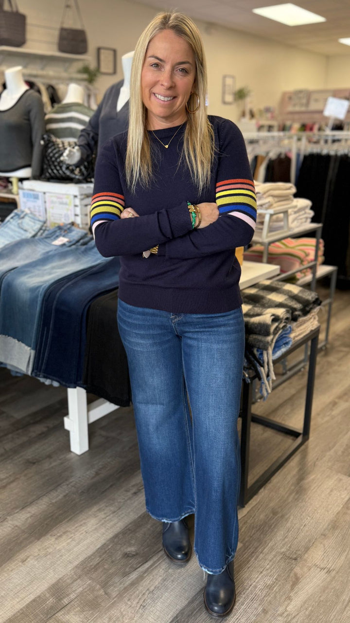 Navy Stripe Sleeve Knit Sweater