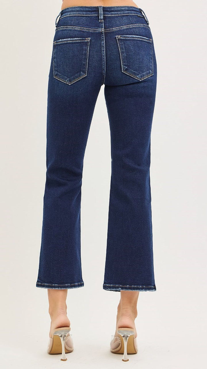 High Rise Dark Wash Tummy Control Crop Bootcut Jeans