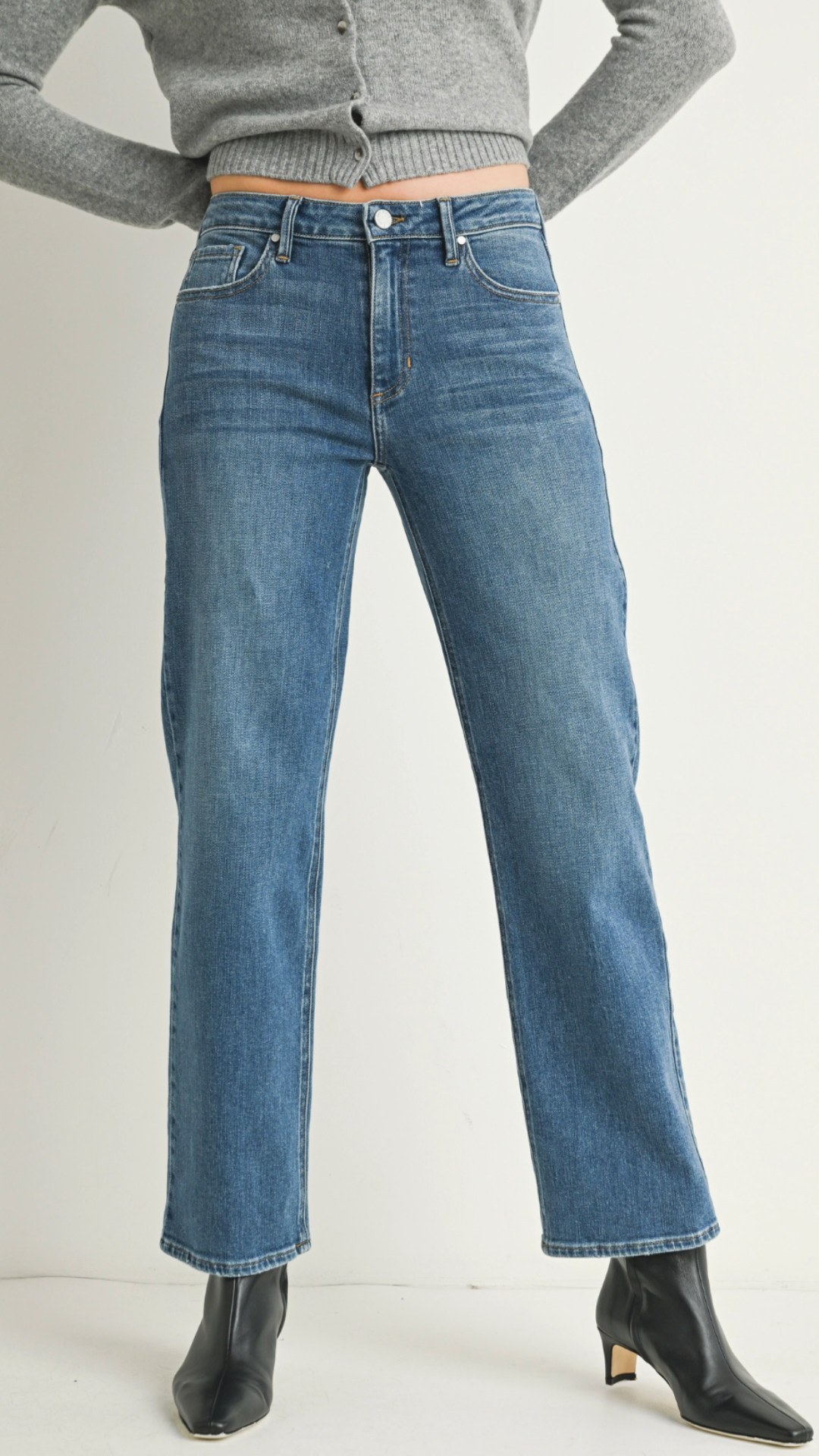 Mid Rise Medium Wash Stretchy Straight Jeans