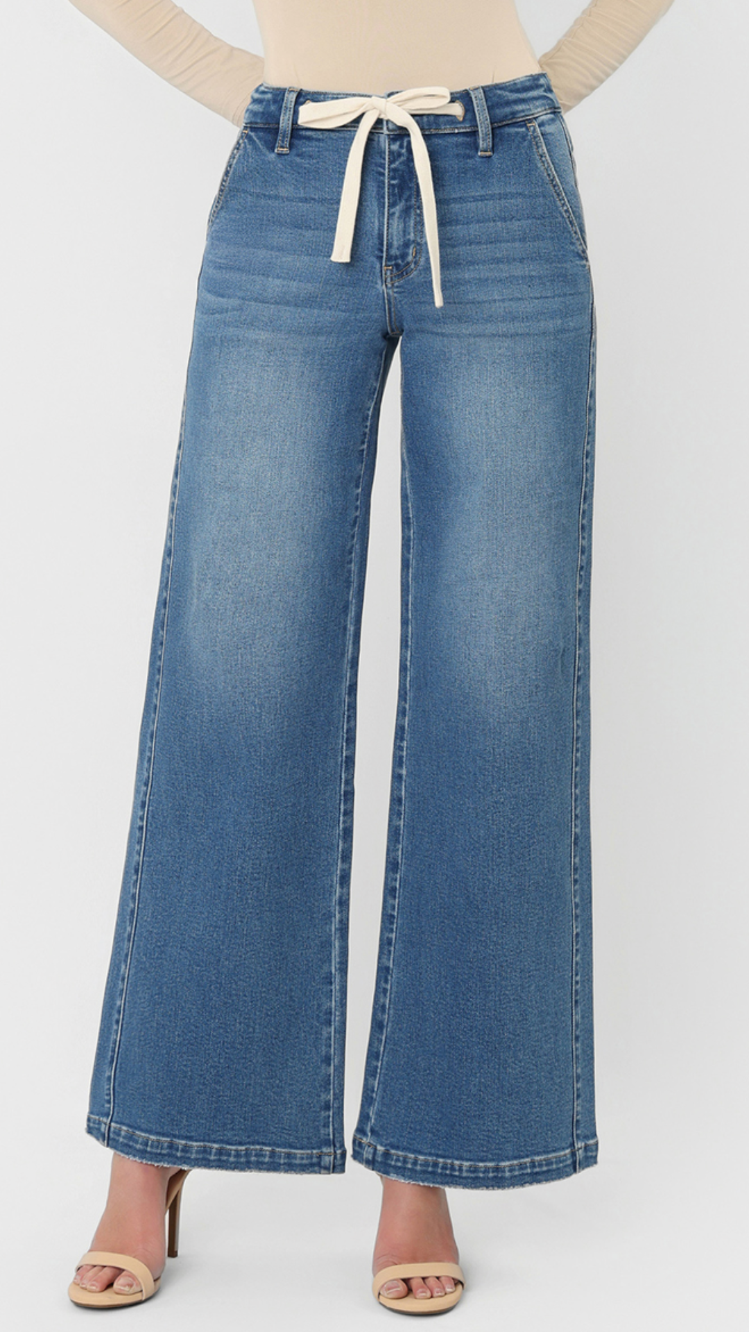High Rise Medium Wash Waist Tie Twist Wide Leg Jeans