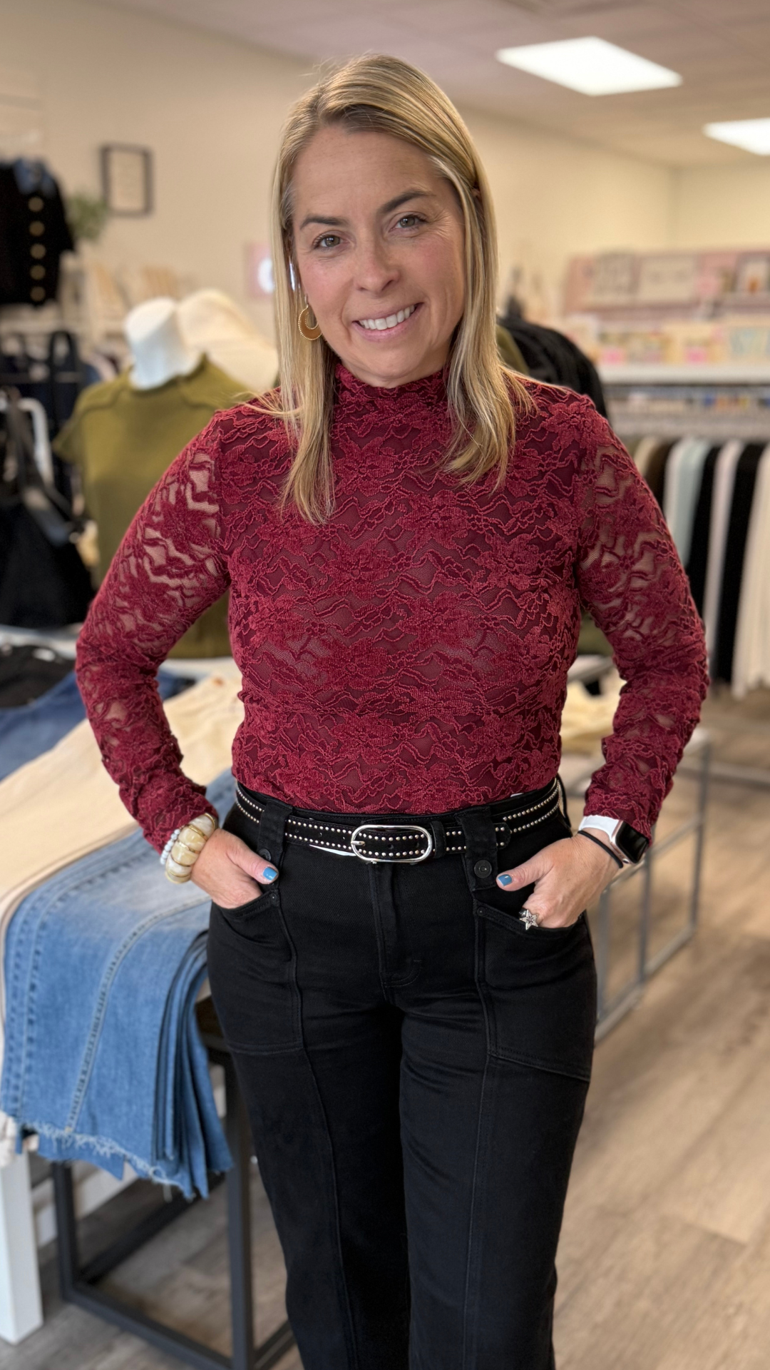 Merlot Lace Long Sleeve Mock Neck Top