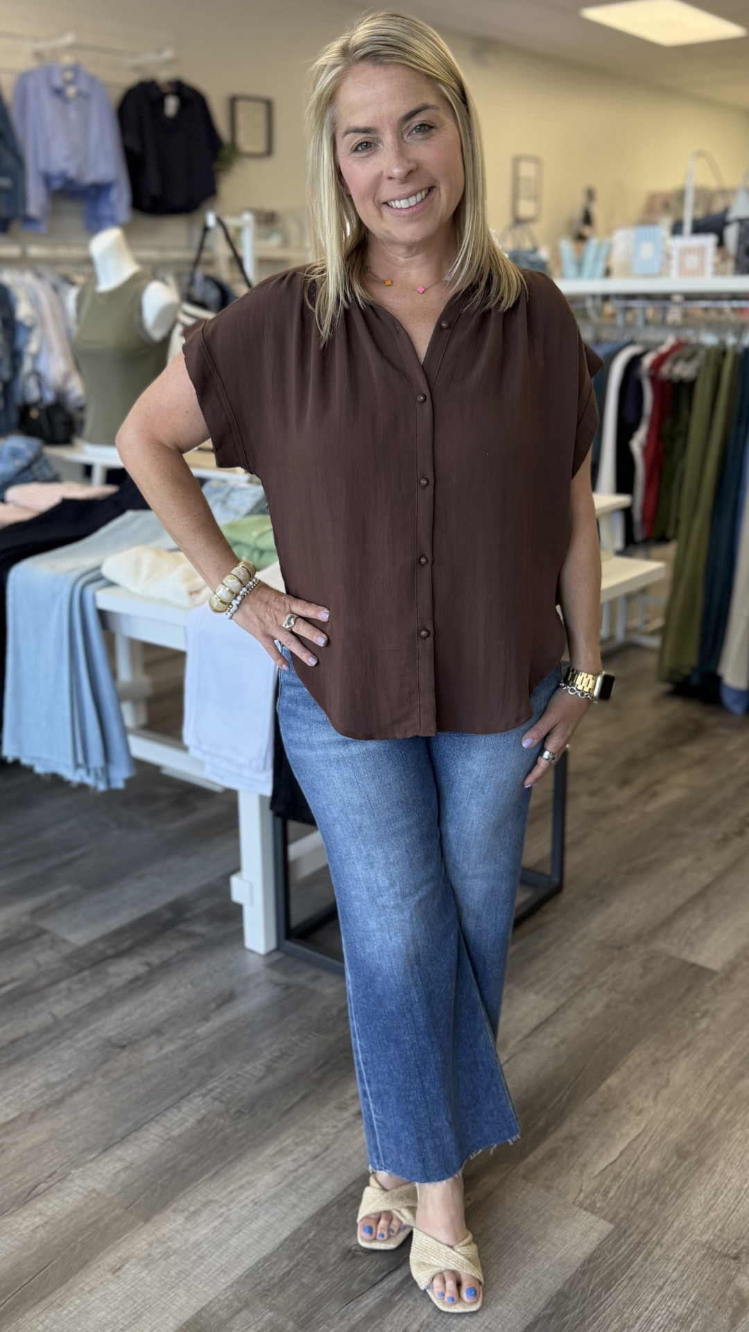 Brown Flutter Sleeve Blouse