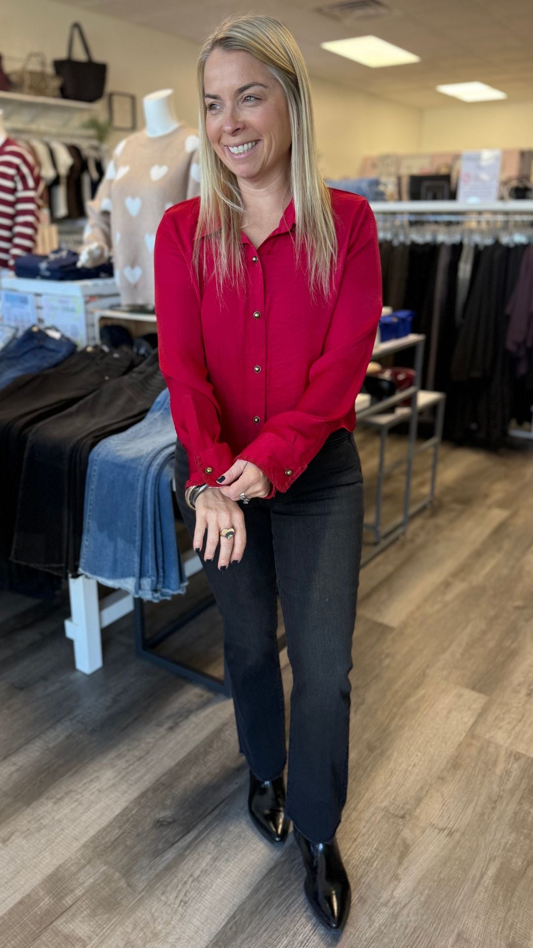 Crimson Red Blanket Stitch Cuff Button Up Cropped Blouse