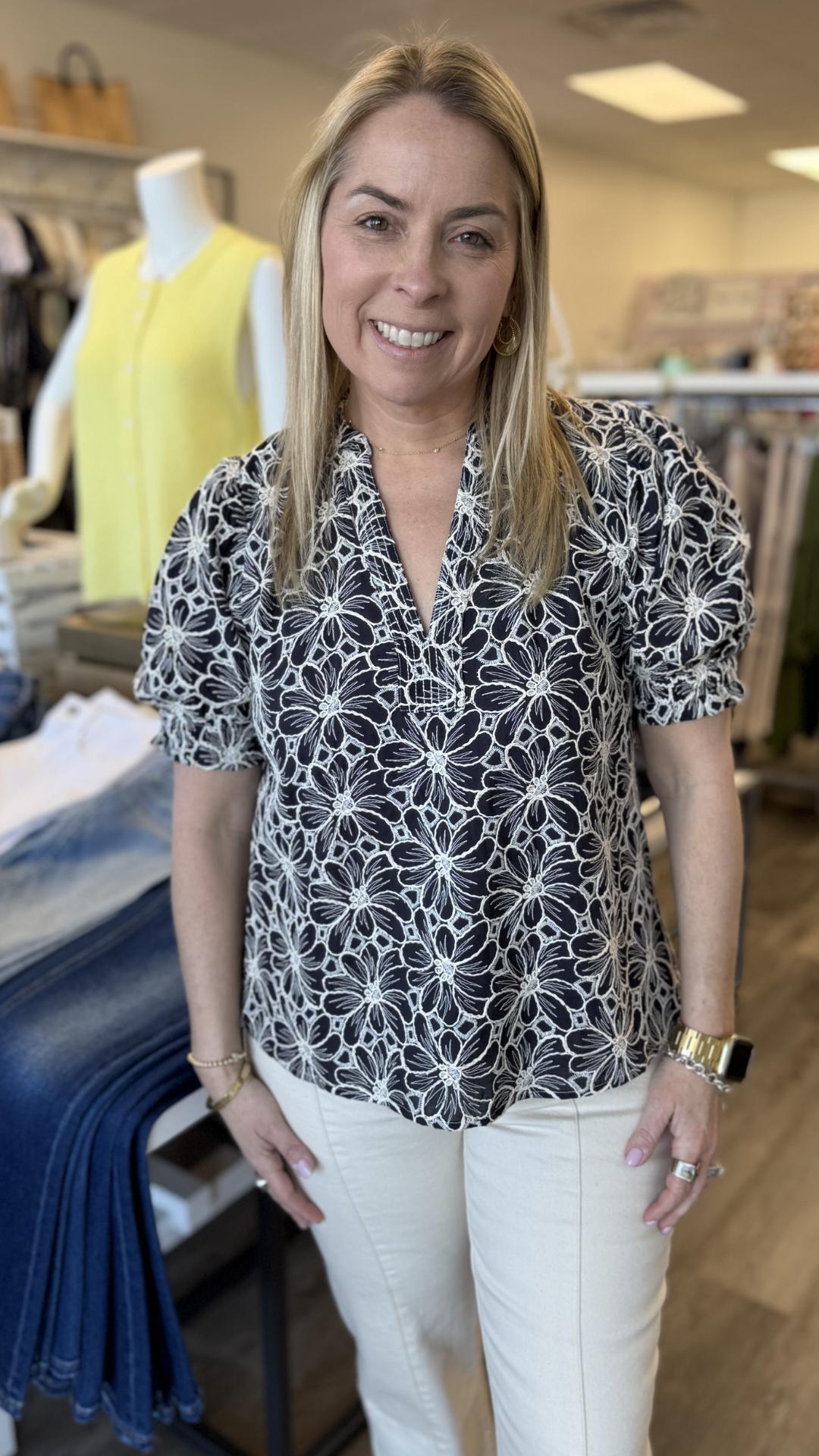 Navy Short Sleeve Sequined Embroidery Detail Top