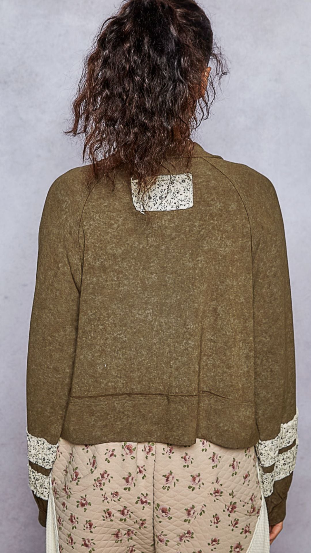 Olive Round Neck Balloon Sleeve Patch Pullover