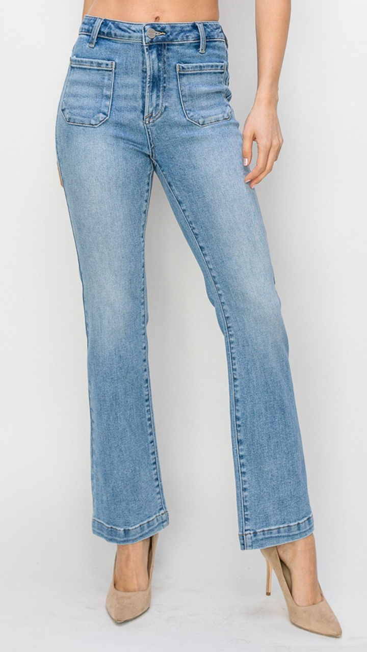 High Rise Light Wash Patch Pocket Bootcut Jeans