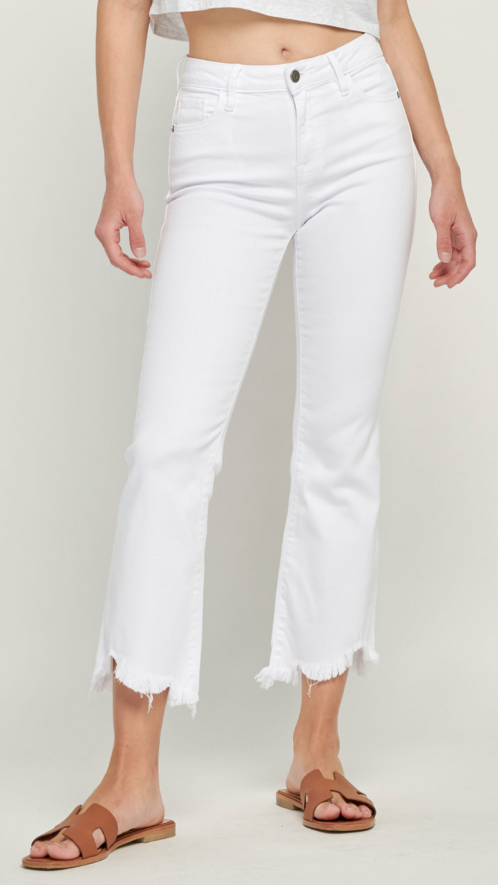 White Frayed Hem Crop Flare Jeans