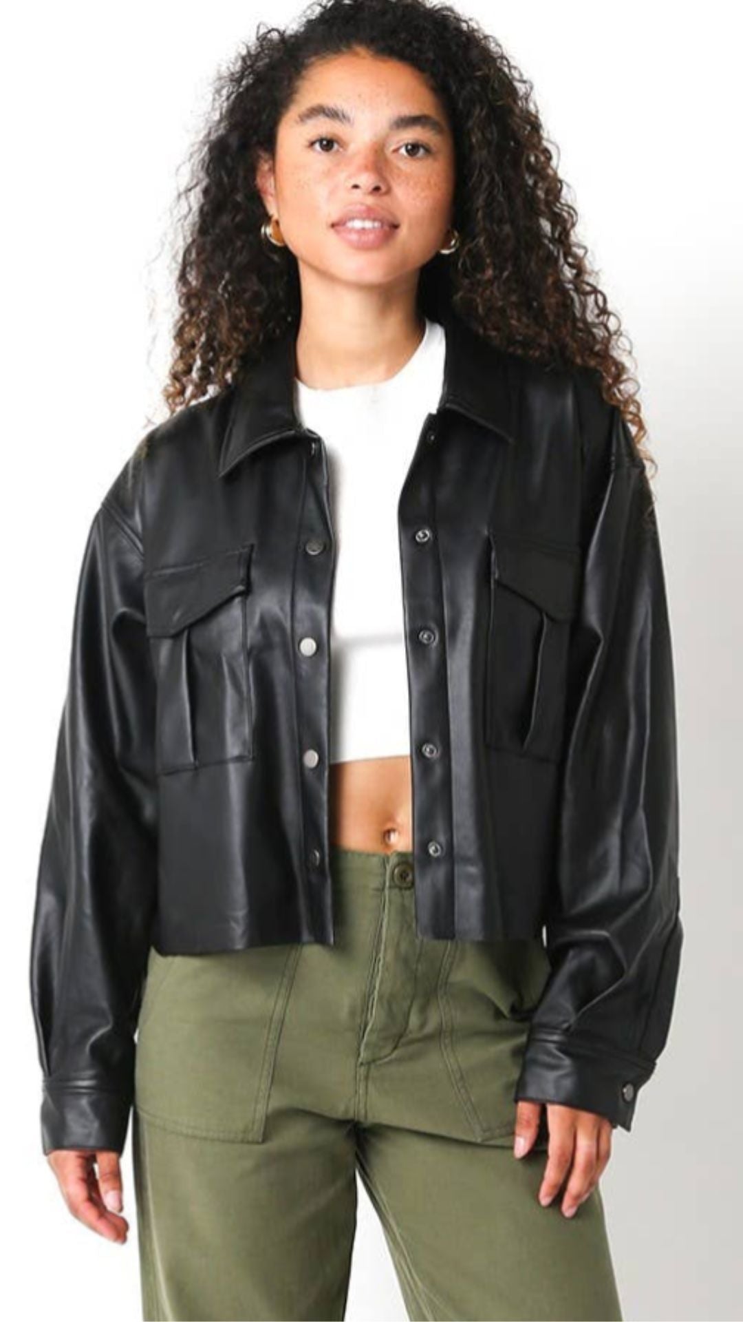 Black Faux Leather Buttoned Jacket