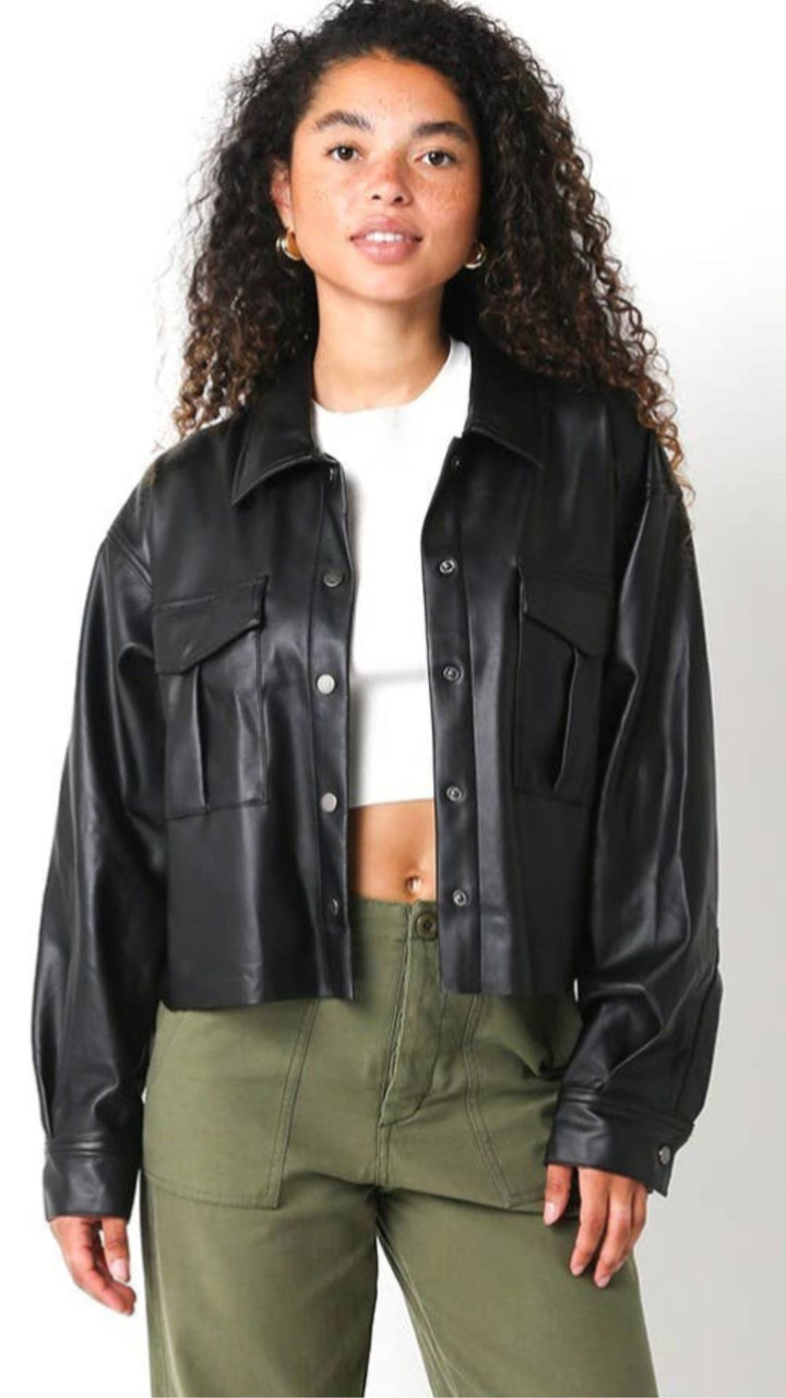 Black Faux Leather Buttoned Jacket