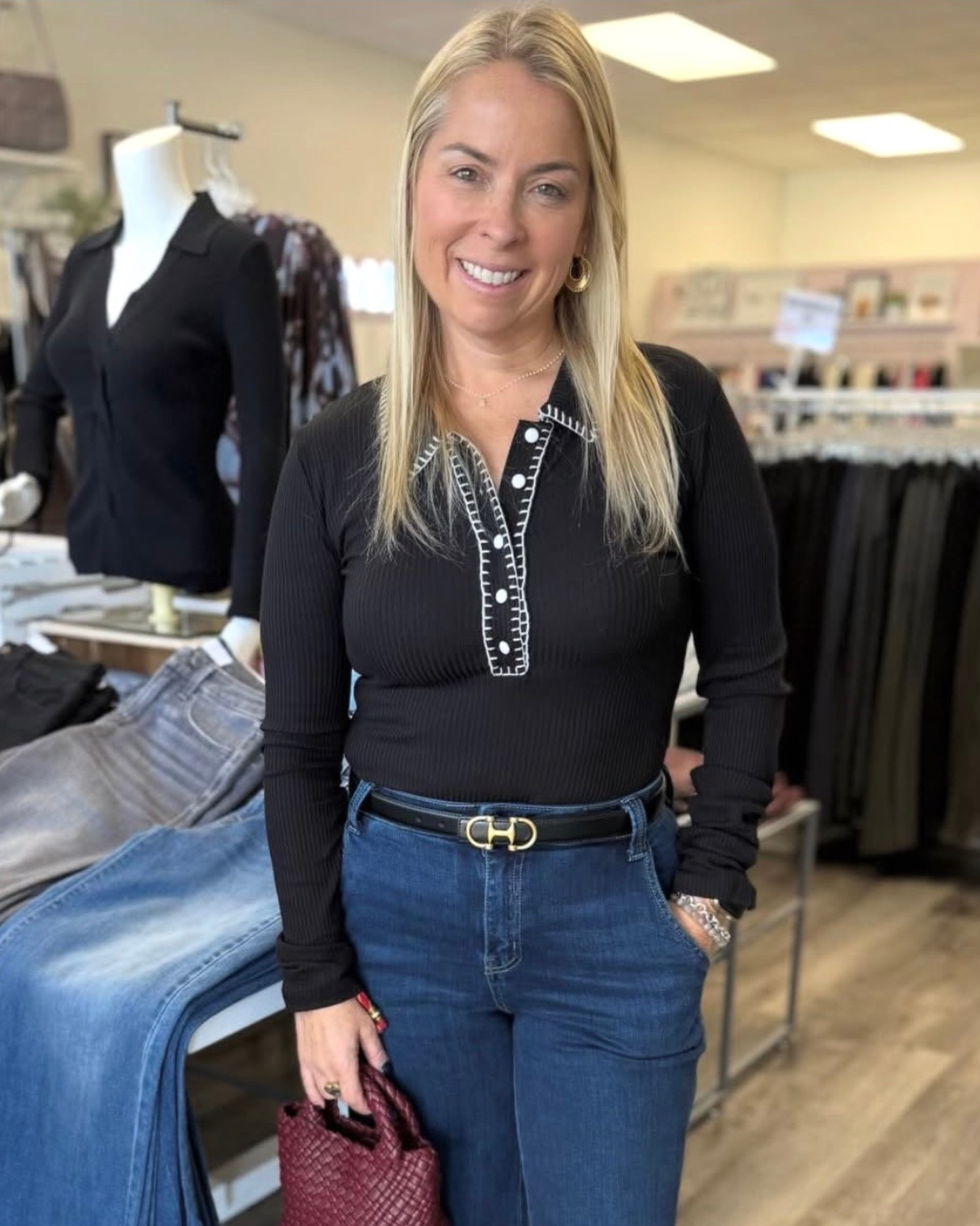 Black Stitched Clean Leather Belt With Horsebit Buckle