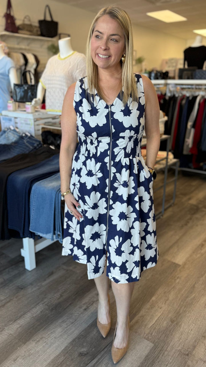 Cotton Voile Printed Front Zip Knee Length Dress