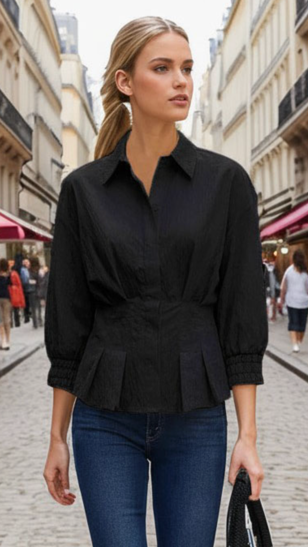 Black Dart Detail Quarter Sleeve Button Down Blouse