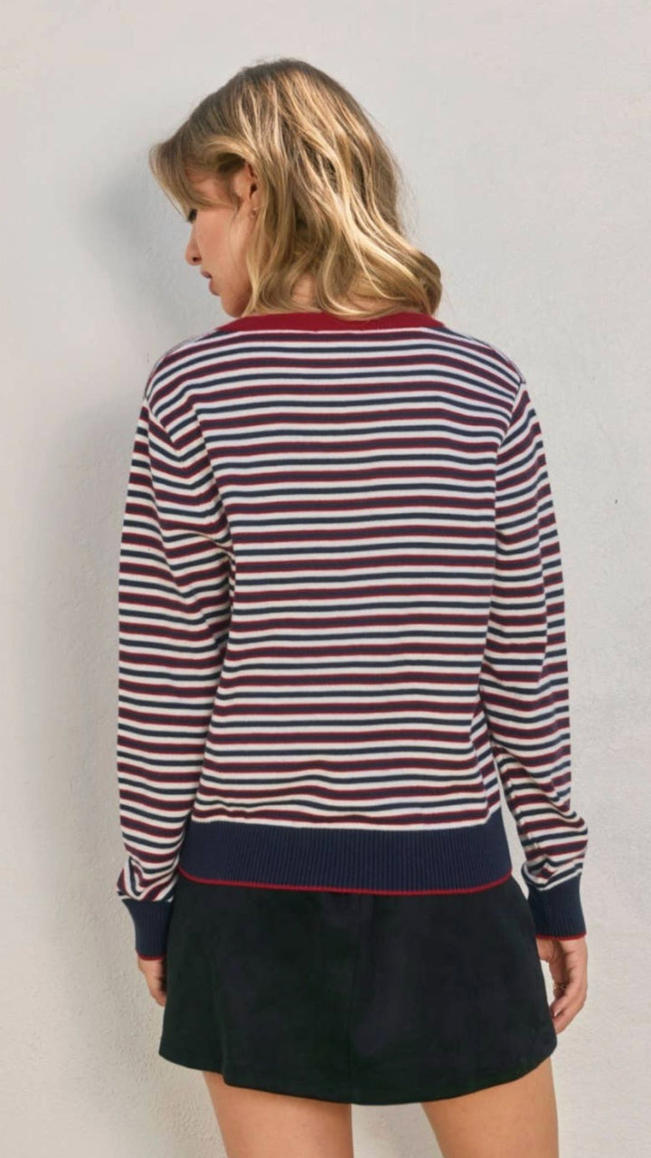 Burgundy And Navy Nautical Stripe V Neck Sweater