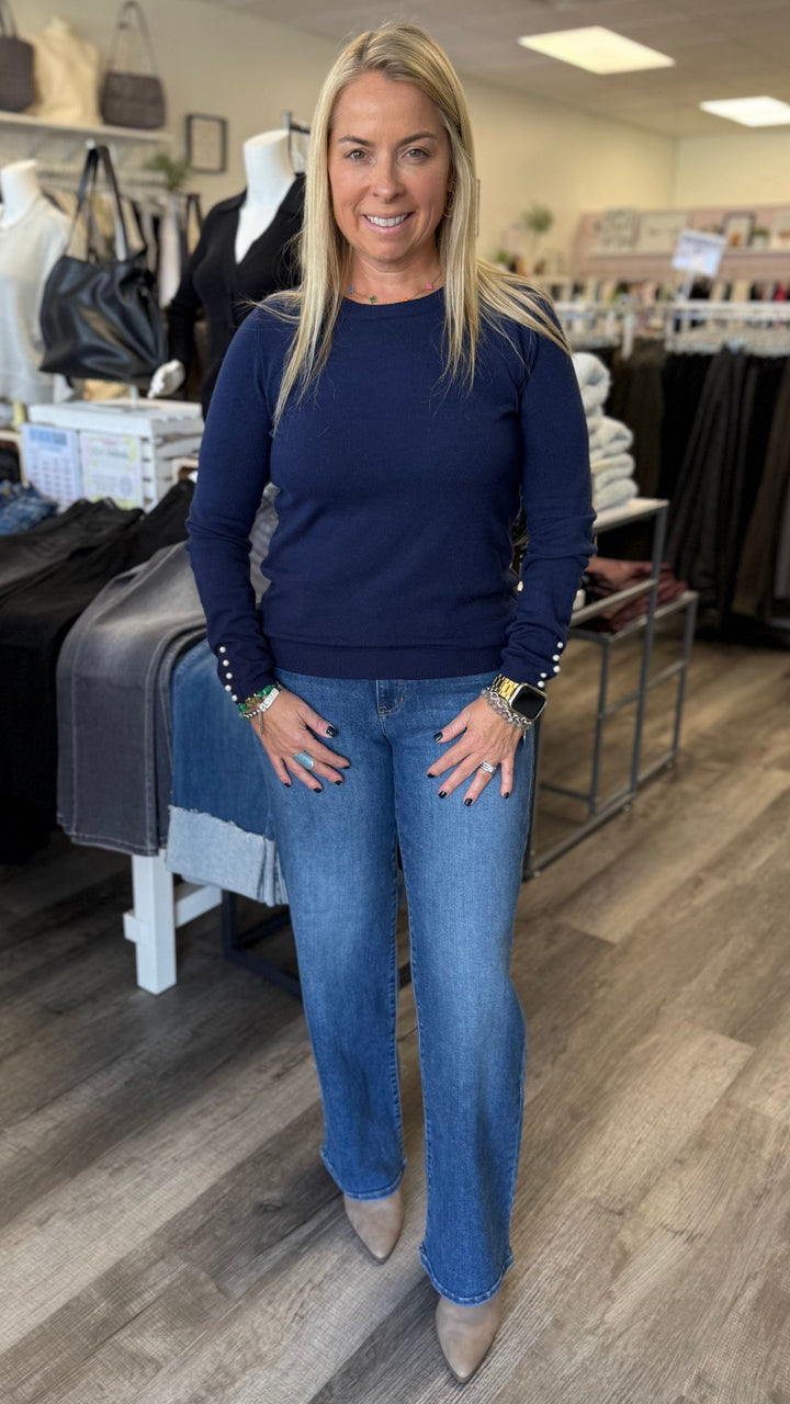 Mid Rise Medium Wash Full Length Straight Jeans