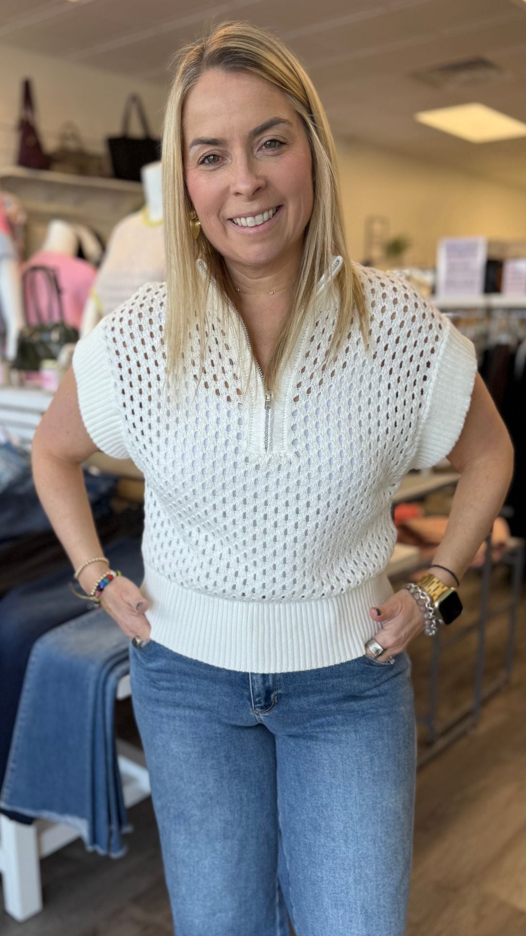 White Open Knit Short Sleeve Quarter Zip Sweater