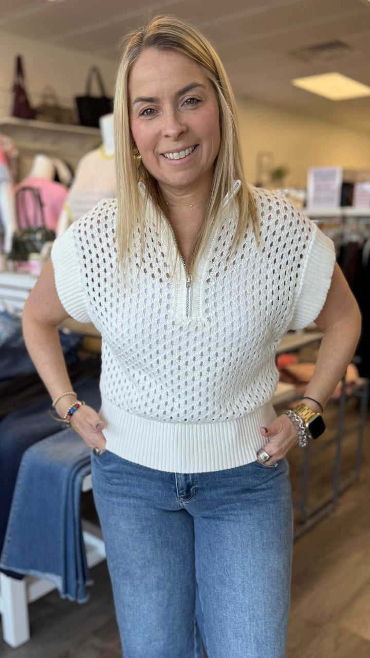 White Open Knit Short Sleeve Quarter Zip Sweater