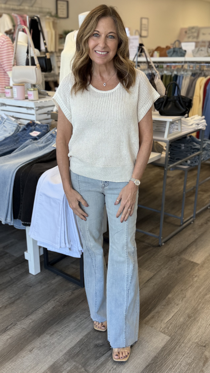 Mid Rise Vintage Wash Full Length Seam Detail Flare Jeans