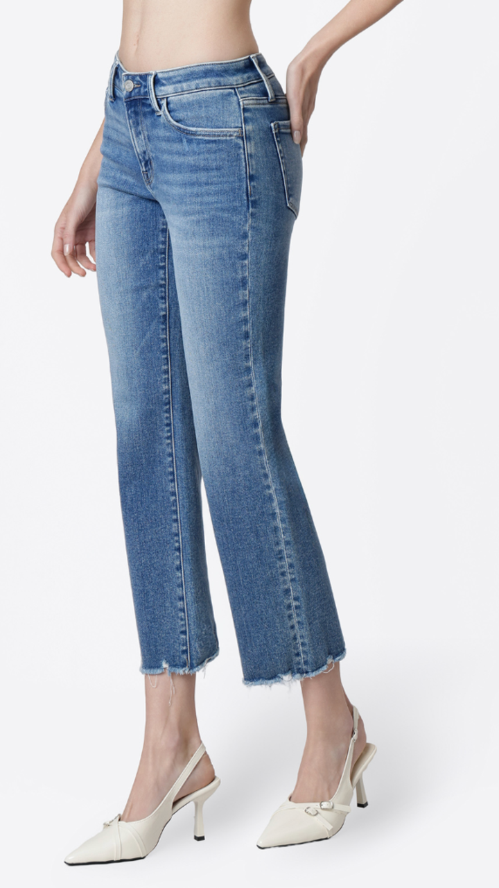Mid Rise Medium Wash Distressed Hem Crop Straight Jeans