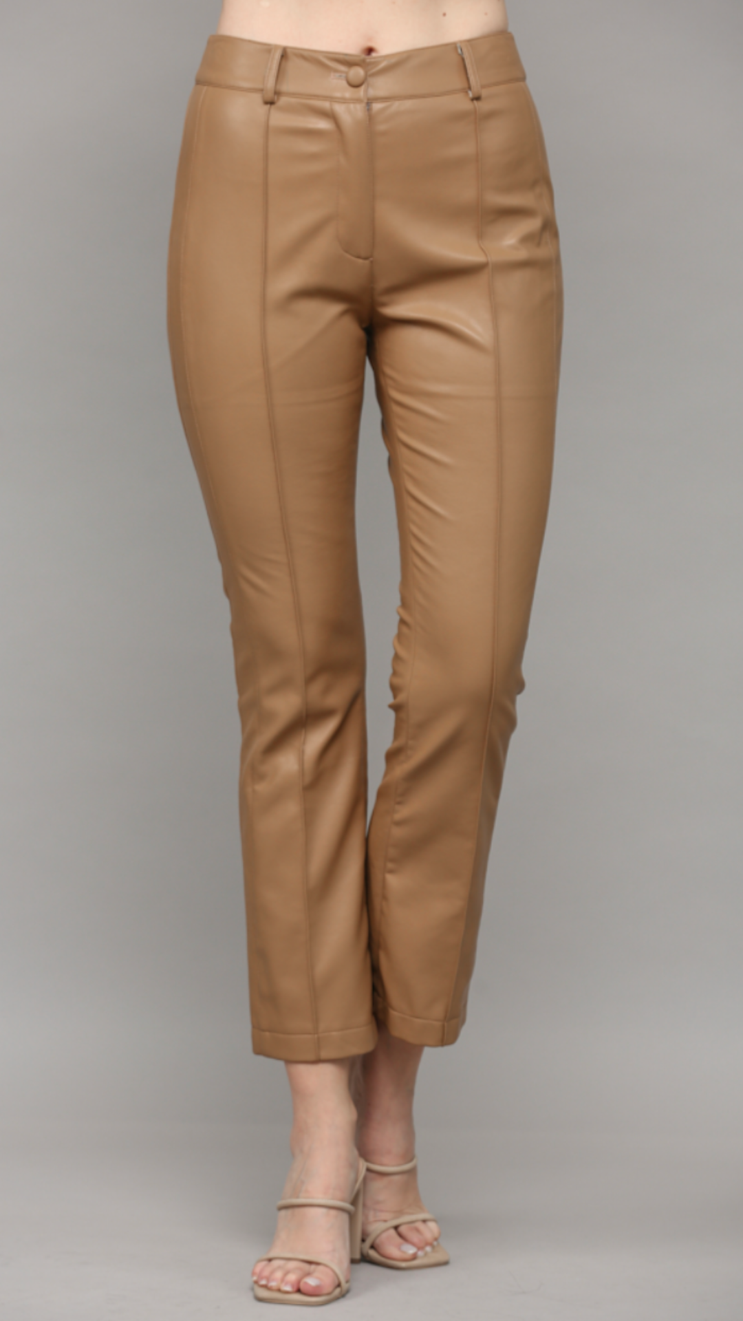 Camel Faux Leather Pintucked Front Flare Pants