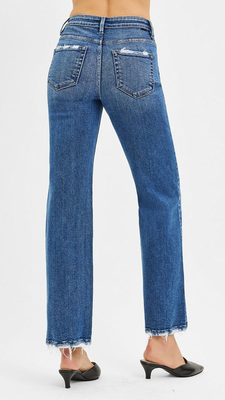 High Rise Tummy Control Full Length Straight Jeans With Distressed Hem