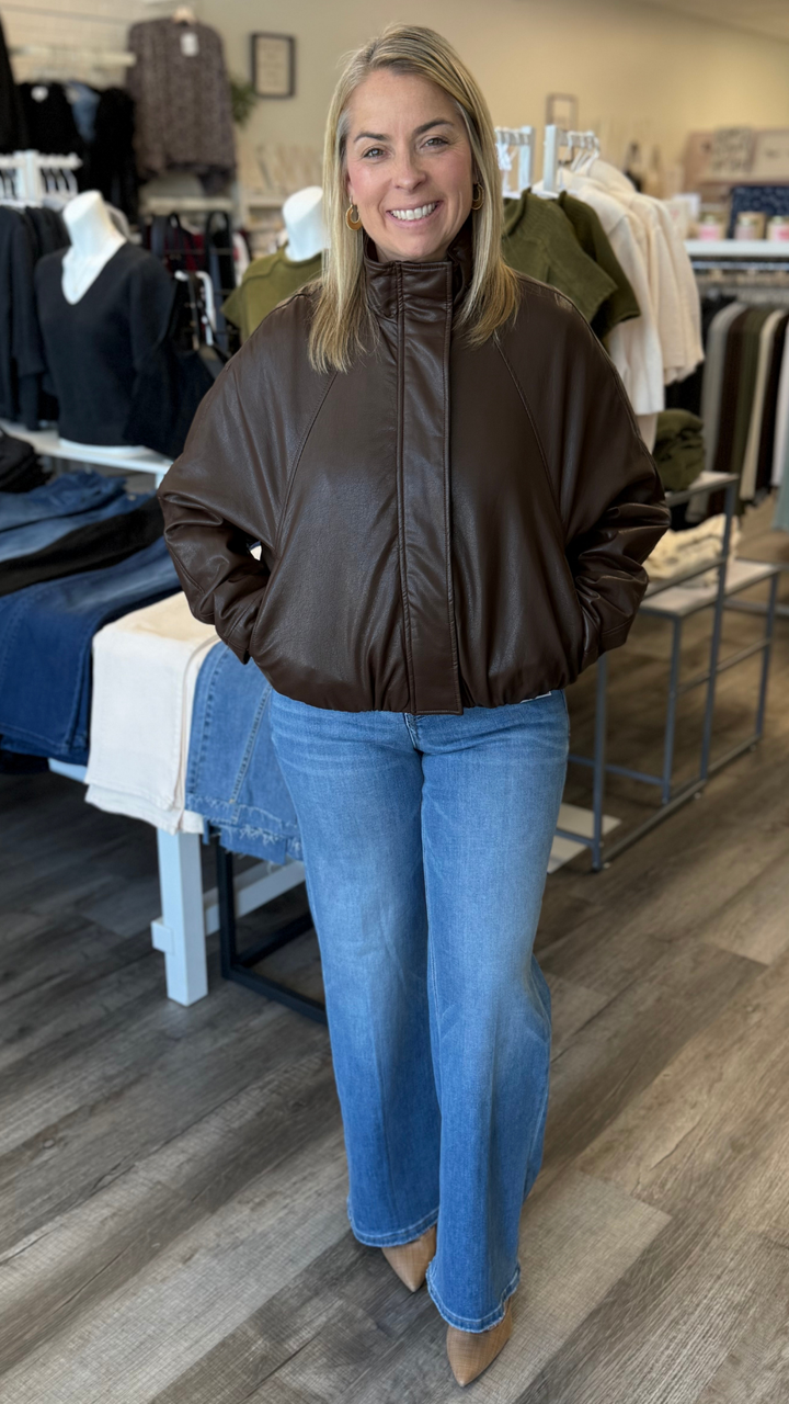 Brown Faux Leather Padded Bomber Jacker