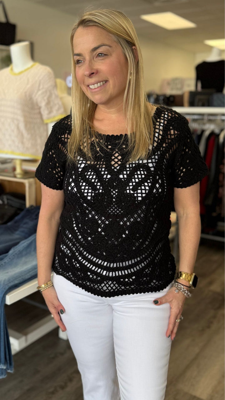 Black Reversible Short Sleeve Crochet Top