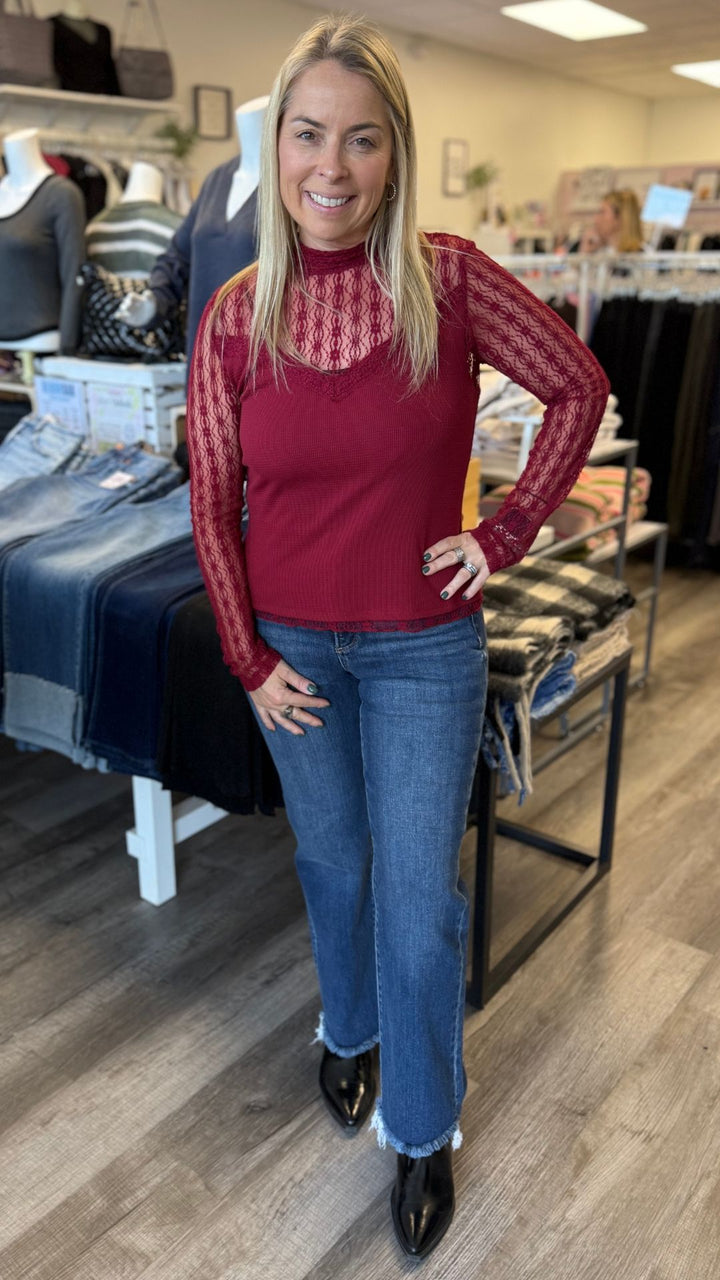 Ruby Red Ribbed Sheer Lace Mock Neck Long Sleeve