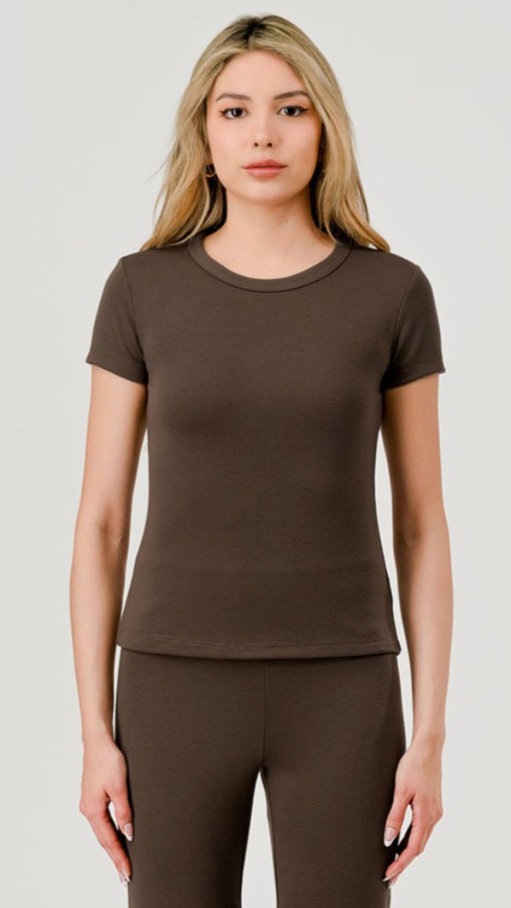 Brown Jersey Crew Neck Top