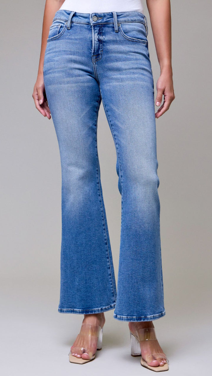 Mid Rise Medium Wash Full Length Clean Stretch Bootcut Jeans