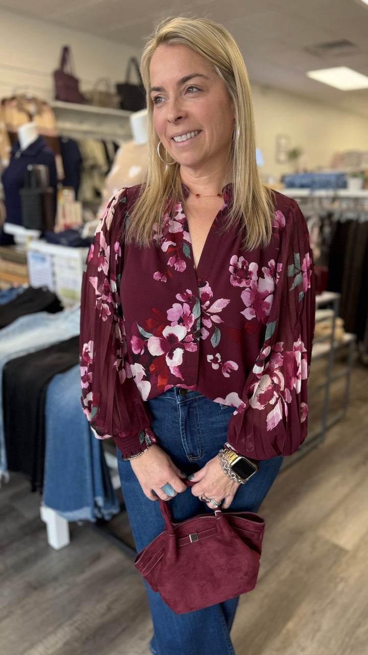 Pleated Sleeve Floral Button Blouse