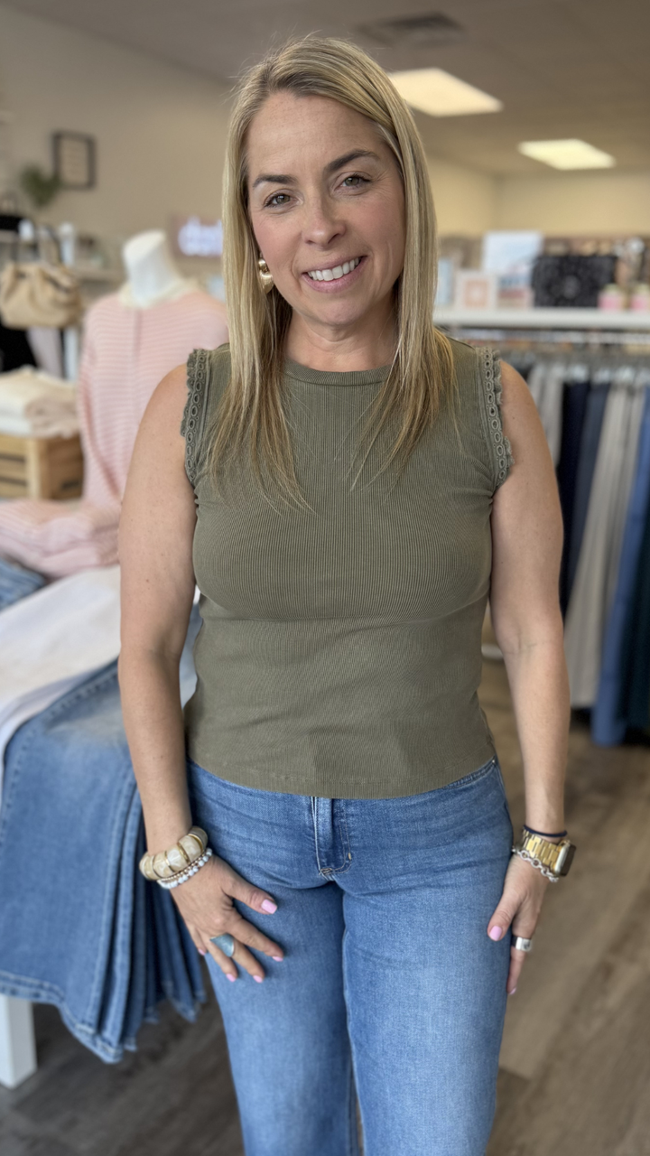 Olive Crochet Ruffle Trim Ribbed Tank